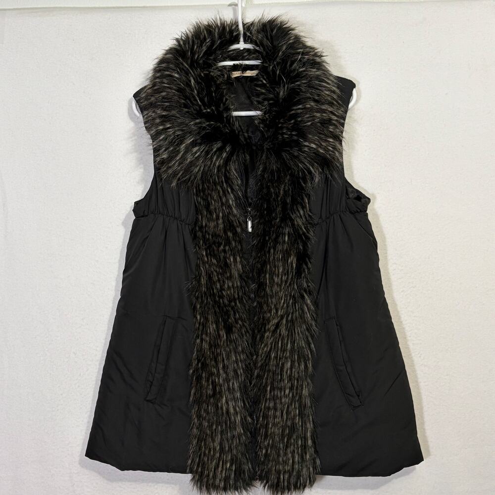 Soft Surroundings Puffer Vest Womens XL Black Fur Trim Full Zip Quilted Jacket - Picture 1 of 10